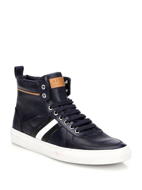 blue leather high top sneakers.